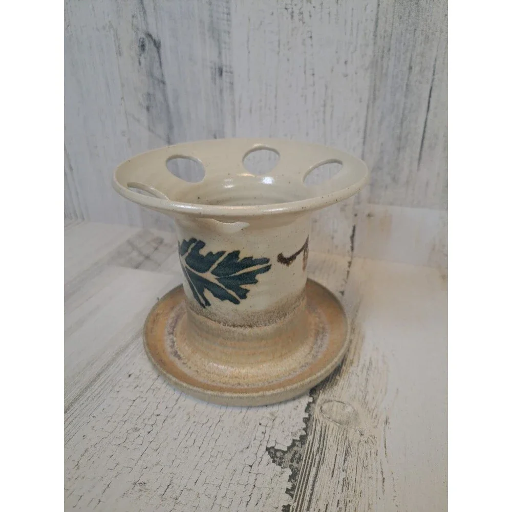 Stegall Studio Art Pottery Toothbrush Holder Acorn Leaf Oak Branch Decor Signed
